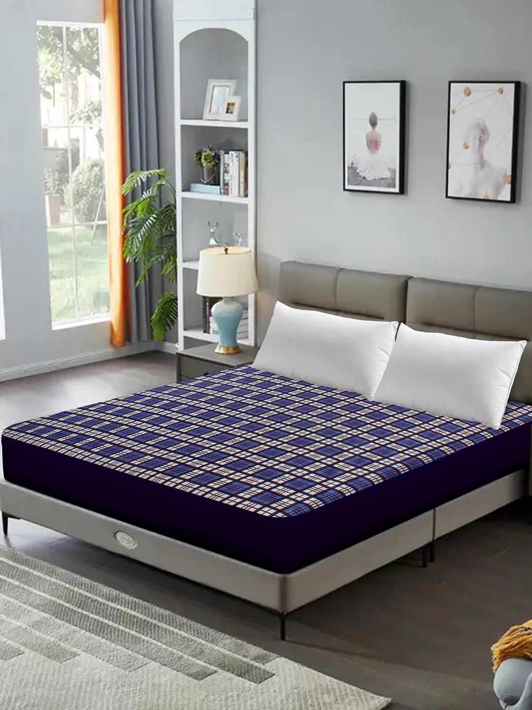 DREAM CARE Blue & White Printed Stretchable King Size Bed Mattress Protector