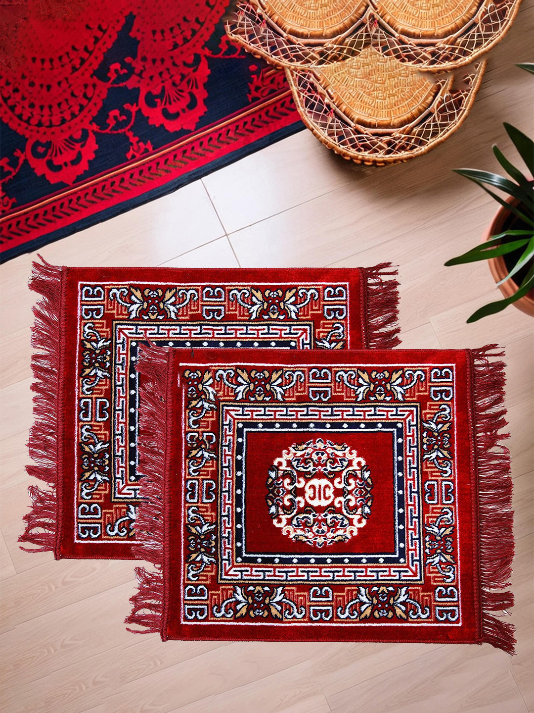 Kuber Industries Pack of 2 Rangoli Design Velvet Square Pooja Mats