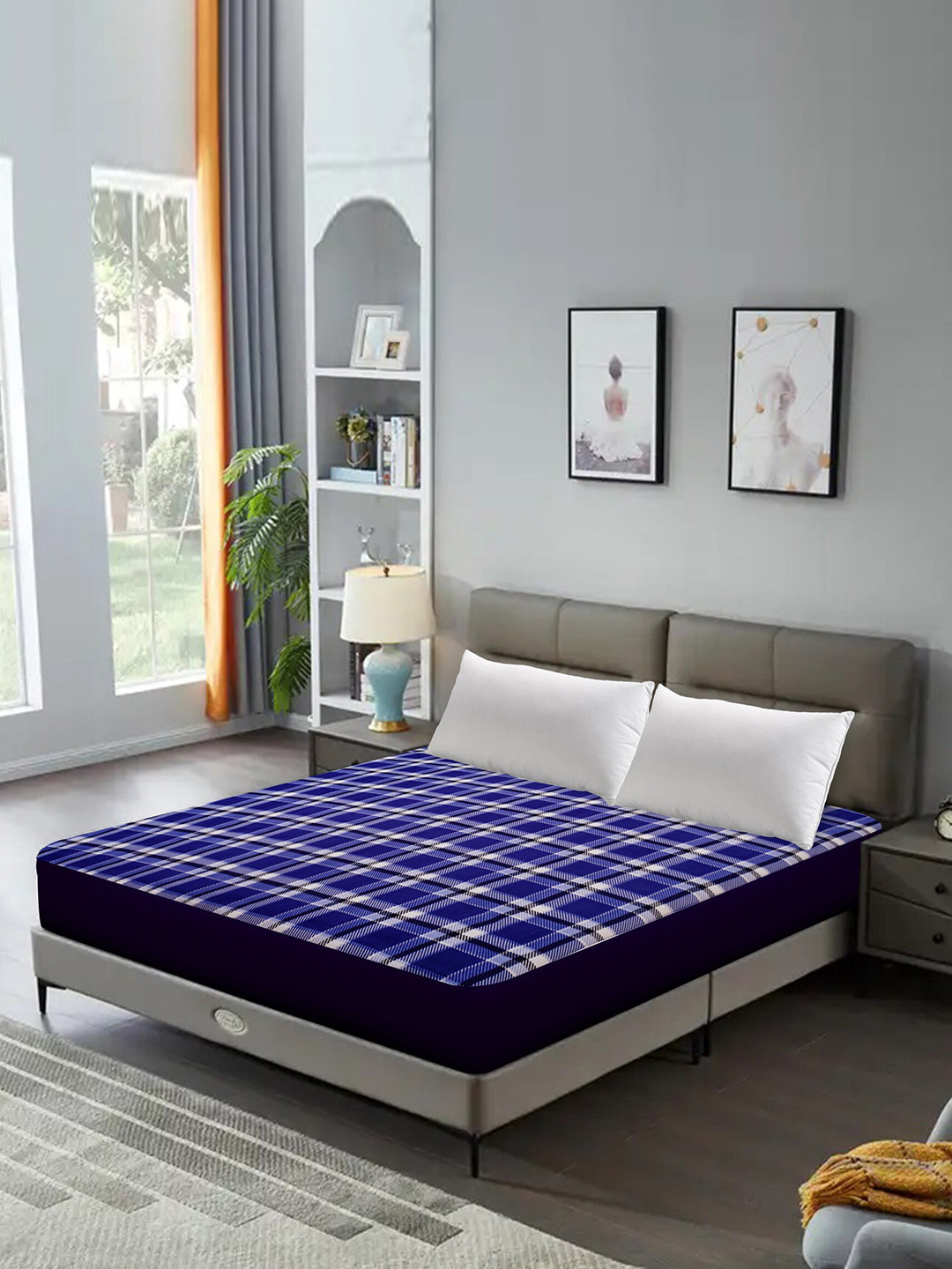 DREAM CARE Navy Blue Geometric Stretchable Water Resistant Queen-Size Mattress Protector