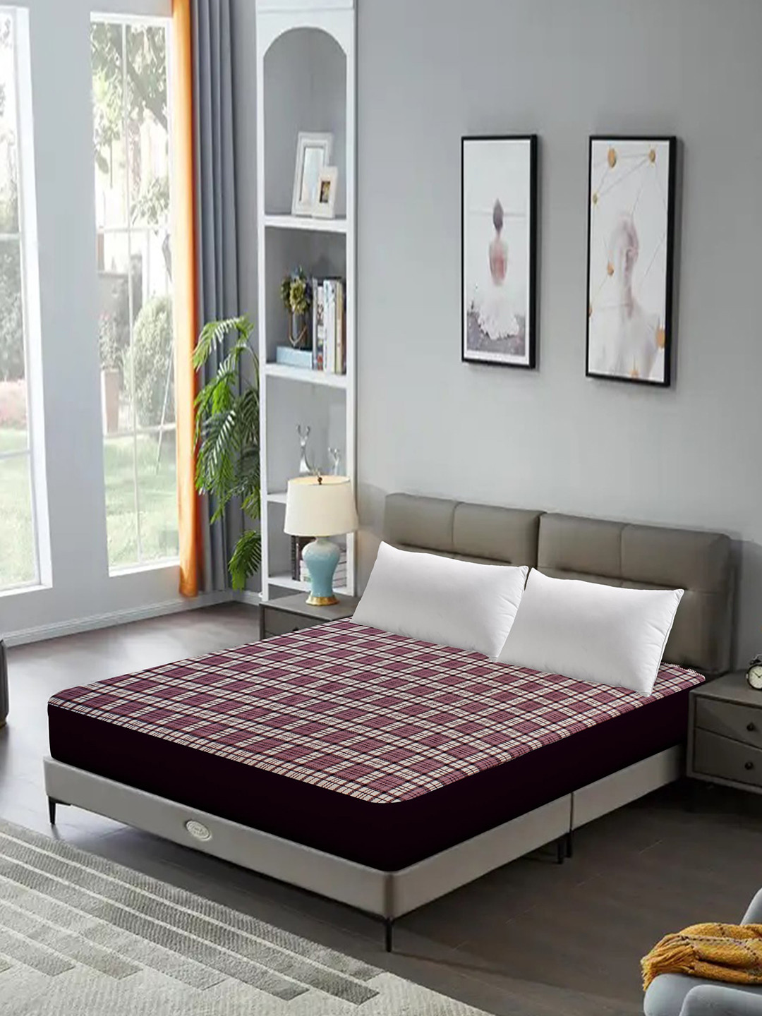 DREAM CARE Maroon & White Printed King Size Bed Mattress Protector