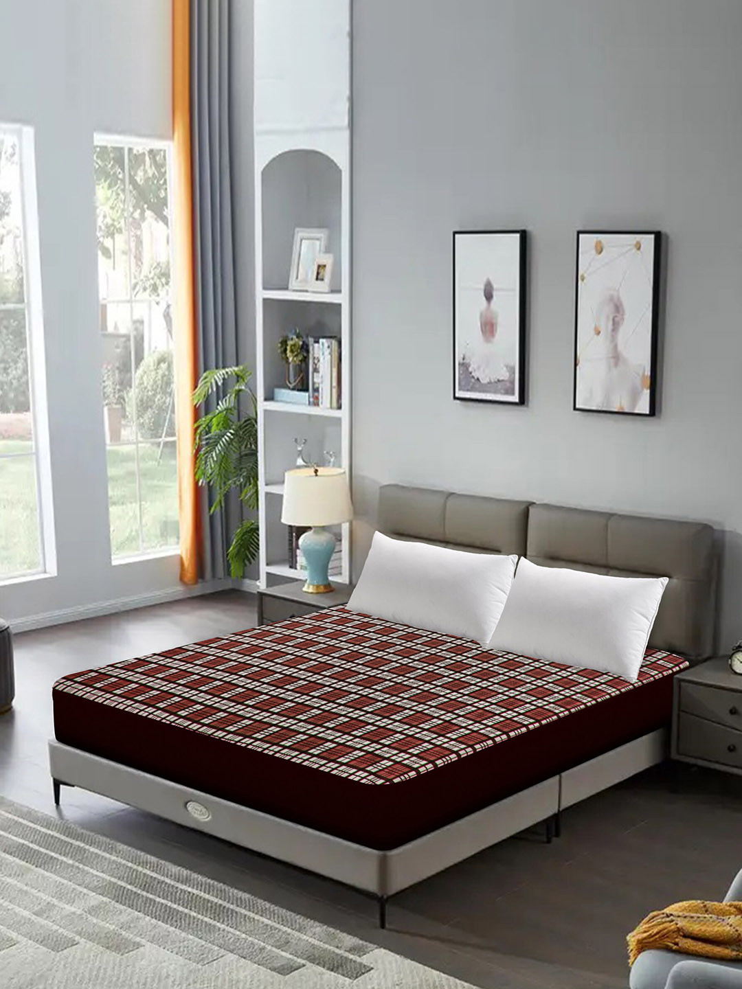 DREAM CARE Rust Brown & White Checked Water Resistant King Size Mattress Protector