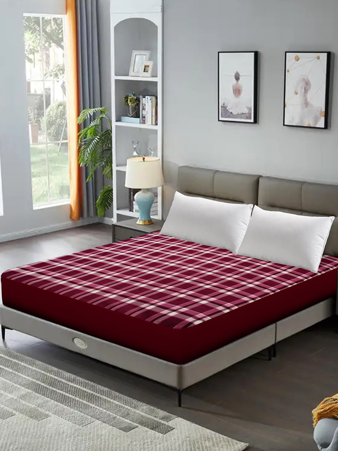 DREAM CARE Maroon & White Printed King Size Bed Mattress Protector
