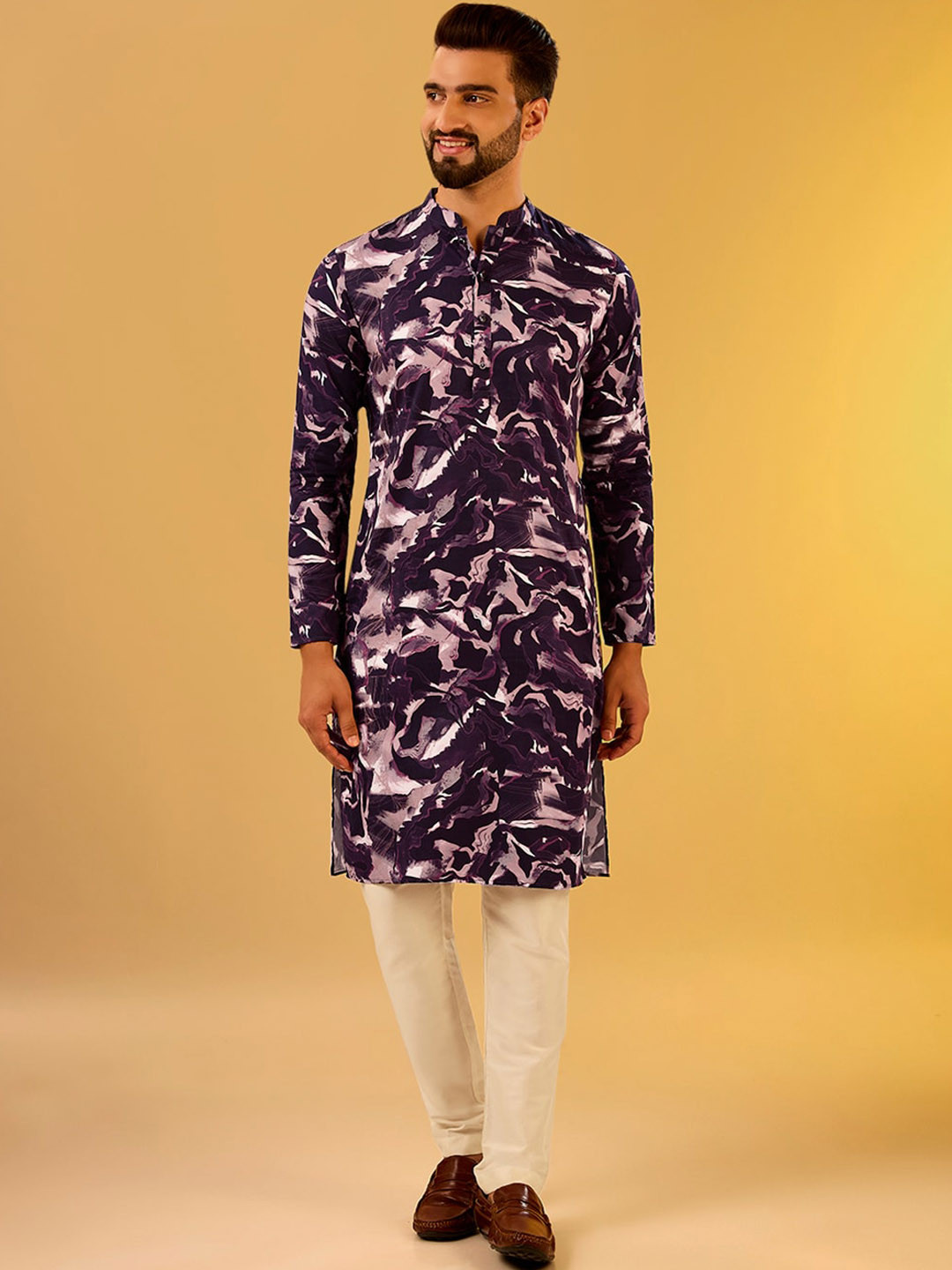 KISAH Abstract Digital Print Mandarin Collar Regular Kurta with Trousers