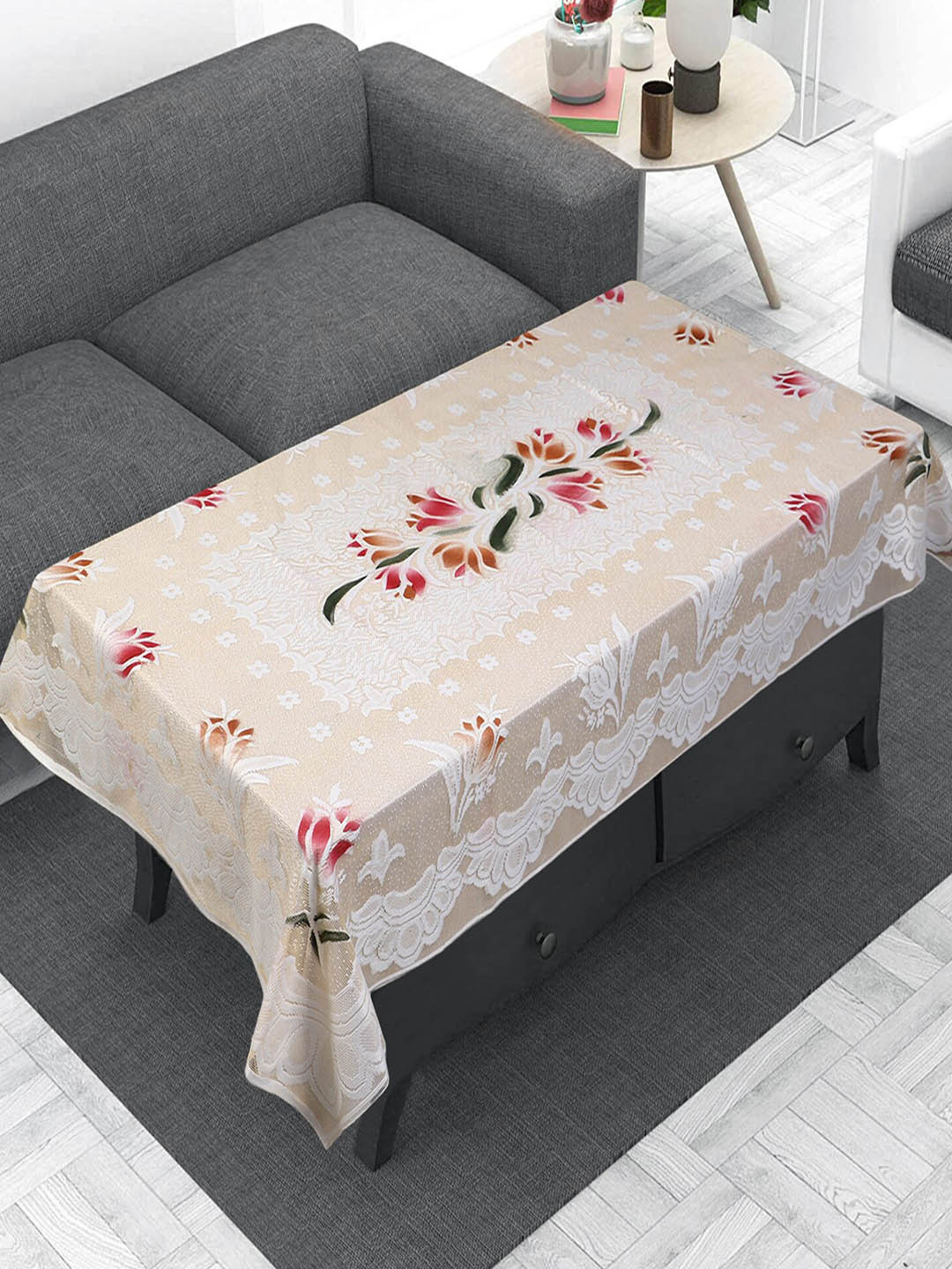 Dakshya Industries Cream-Coloured & Red Tulip Flower Design 4-Seater Cotton Table Cover