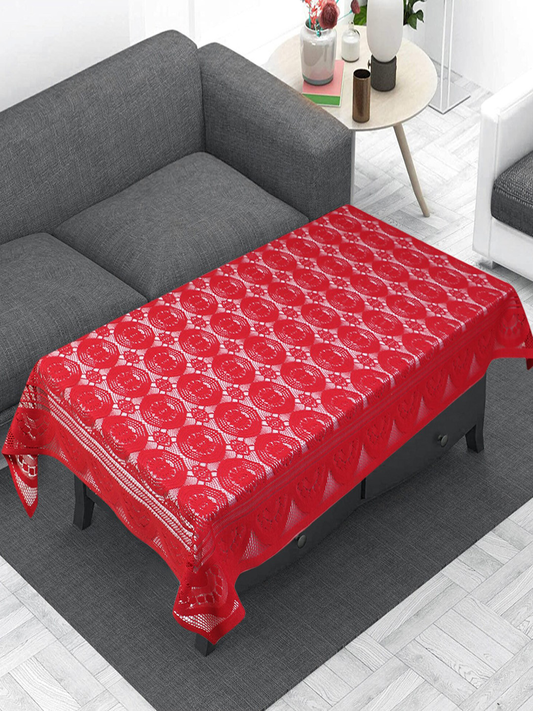 Dakshya Industries Maroon & White Self-designed Pure Cotton 2-seater Table Cover