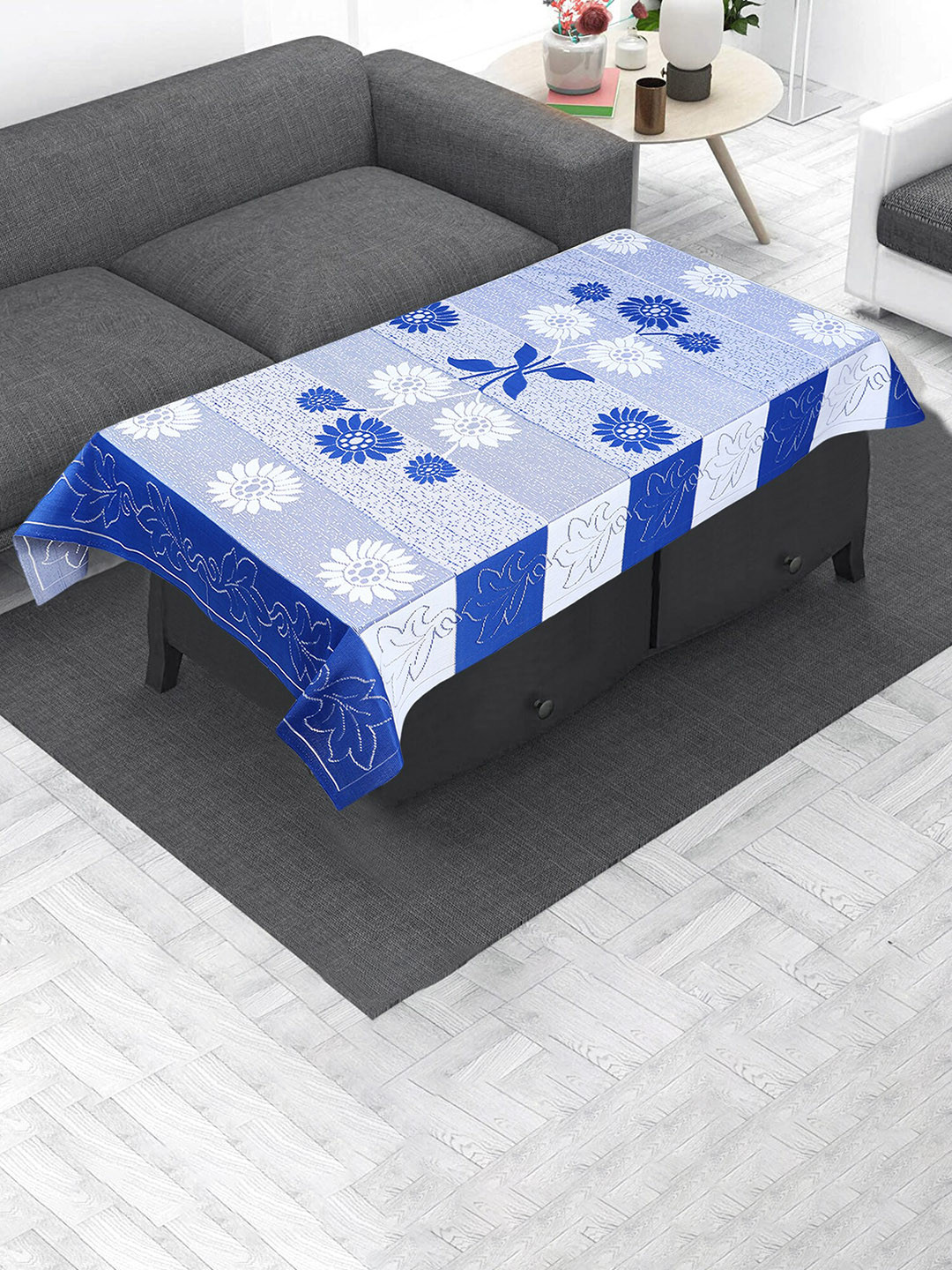 Dakshya Industries Blue & White Self-designed Pure Cotton 2-seater Table Cover