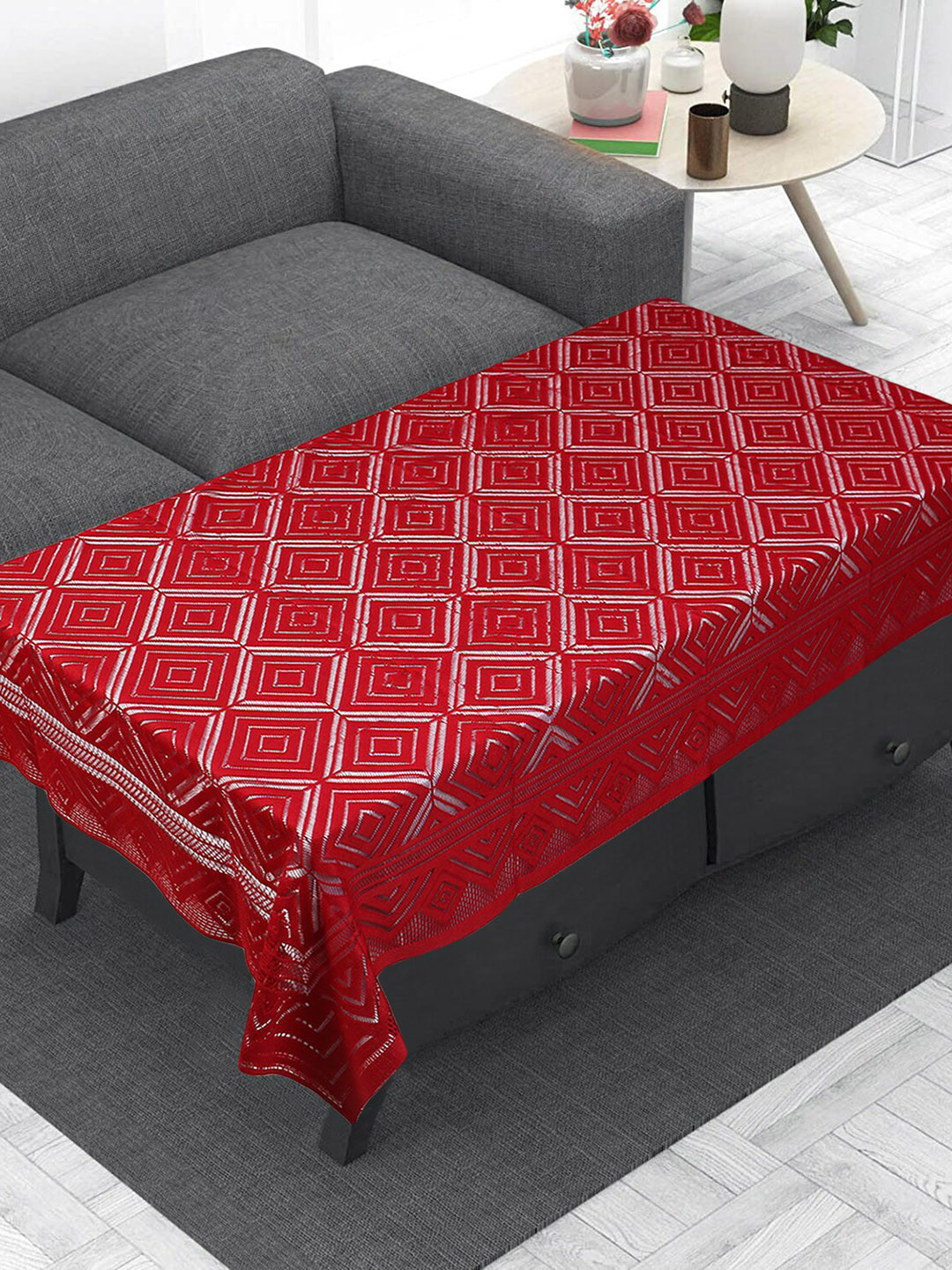 Dakshya Industries Maroon Geometric 4-Seater Rectangle Cotton Table Cover