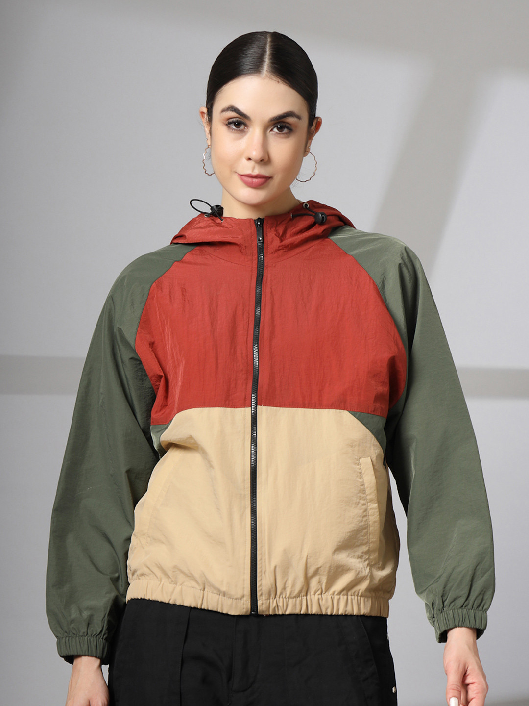 CHKOKKO Rust Colourblocked Windcheater Dry Fit Hooded Sporty Zipper Jacket