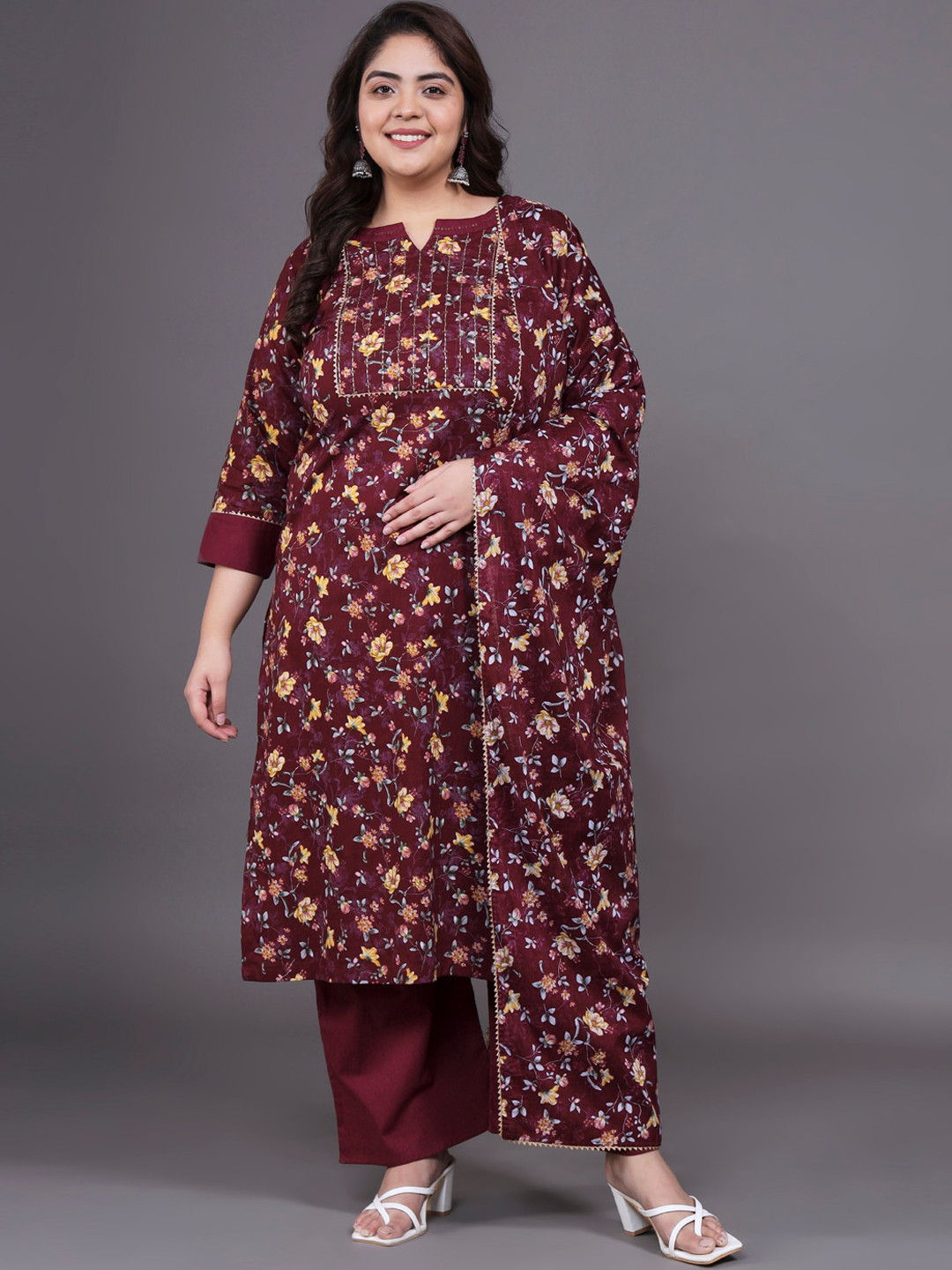 Tissu Plus Size Floral Printed Pure Cotton Straight Kurta With Palazzos & Dupatta