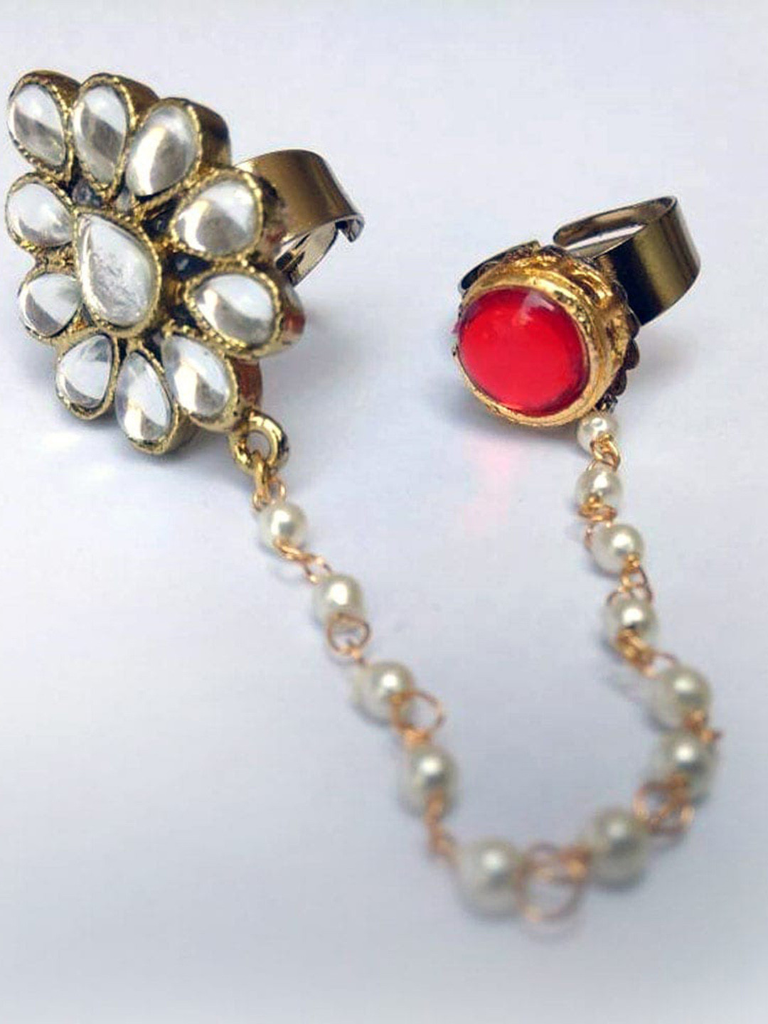 BeAbhika Kundan Studded & Beaded Adjustable Duo Finger Rings