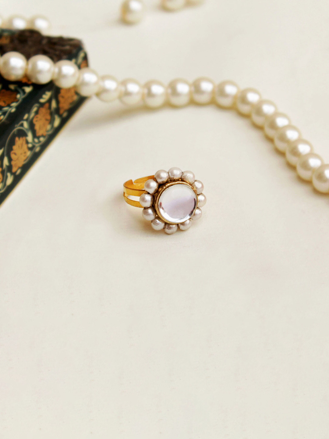 BeAbhika Kundan-Studded & Pearl-Beaded Adjustable Finger Ring