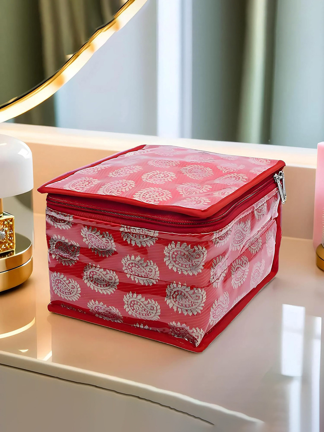 Kuber Industries Red Set of 1 with 10 Pouch Printed Brocade Jewellery Organisers