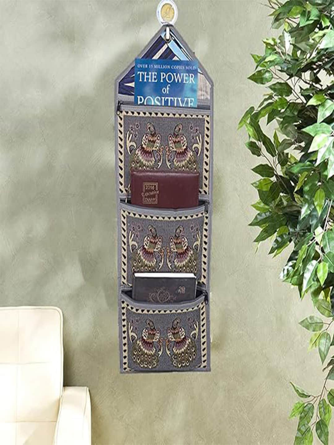 Kuber Industries Grey Square Printed Wall Hanging Magazine Holder Organiser with 3 Pockets