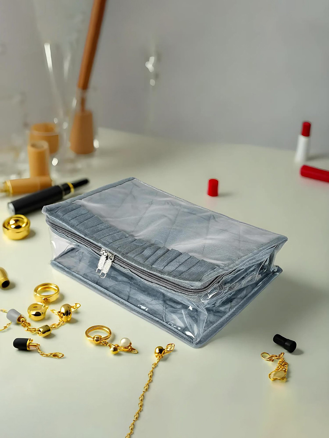 Kuber Industries Grey Laminated PVC Jewellery Organiser