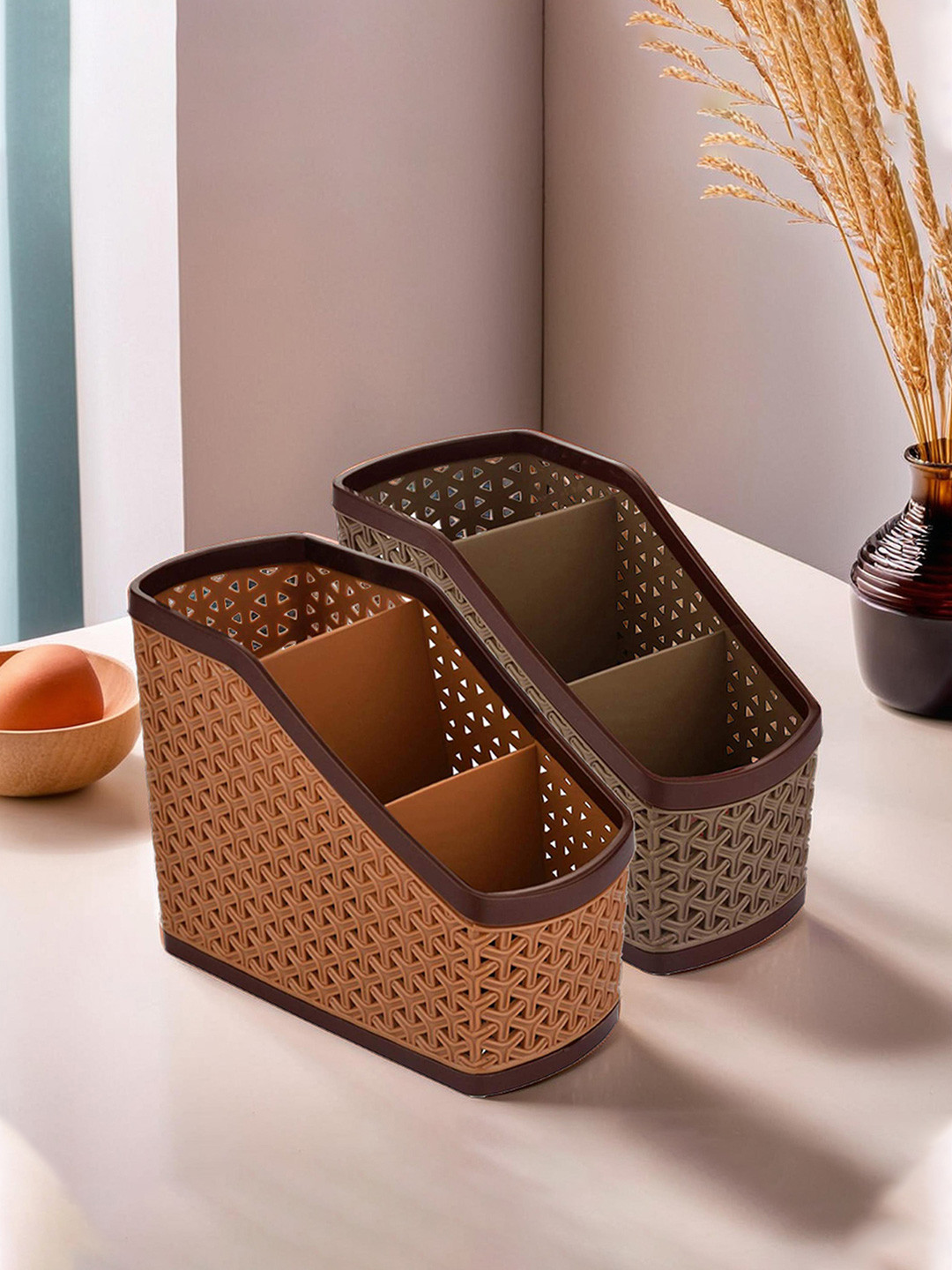 Kuber Industries Brown & Beige Plastic 2 Pieces Multi-Purpose Cutlery Stand