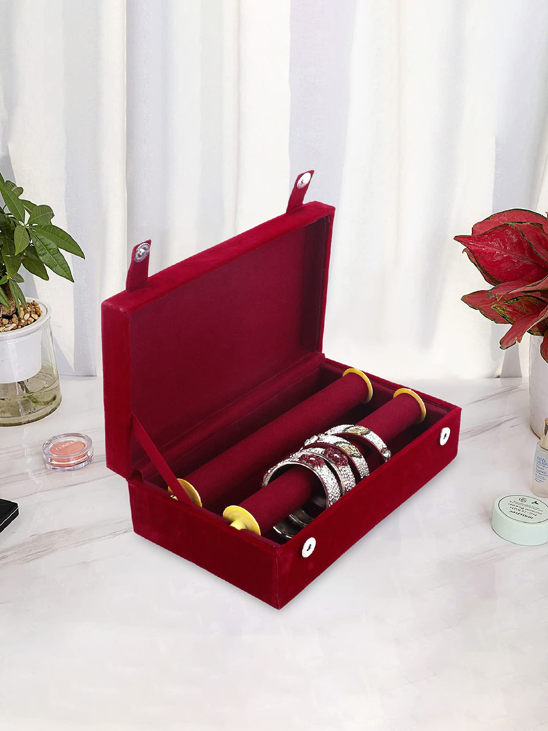 Kuber Industries Maroon Wooden Window Design 2 Rod Bangle Organiser