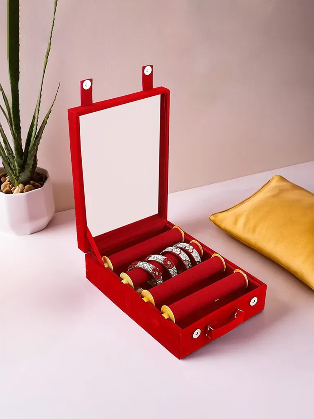 Kuber Industries Maroon Wooden Transparent Window Design 4 Rod Bangle Organiser