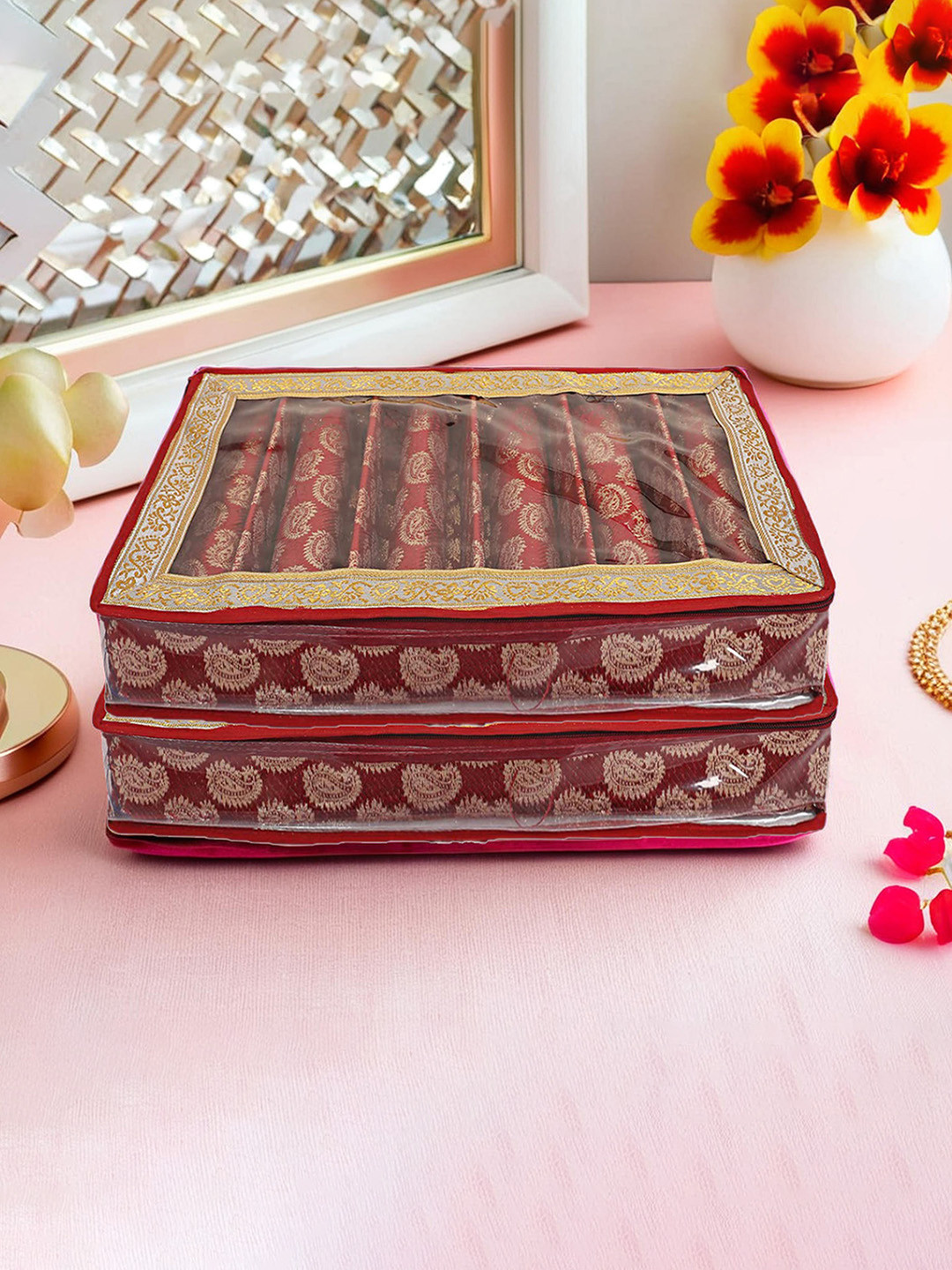 Kuber Industries Maroon 2 Pieces Printed Wooden 5 Roll Bangle Box