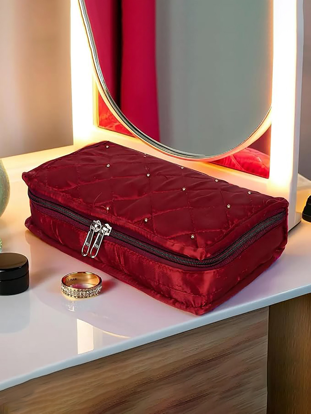 Kuber Industries Maroon Self-Design Satin Makeup Pouch Organiser Bag