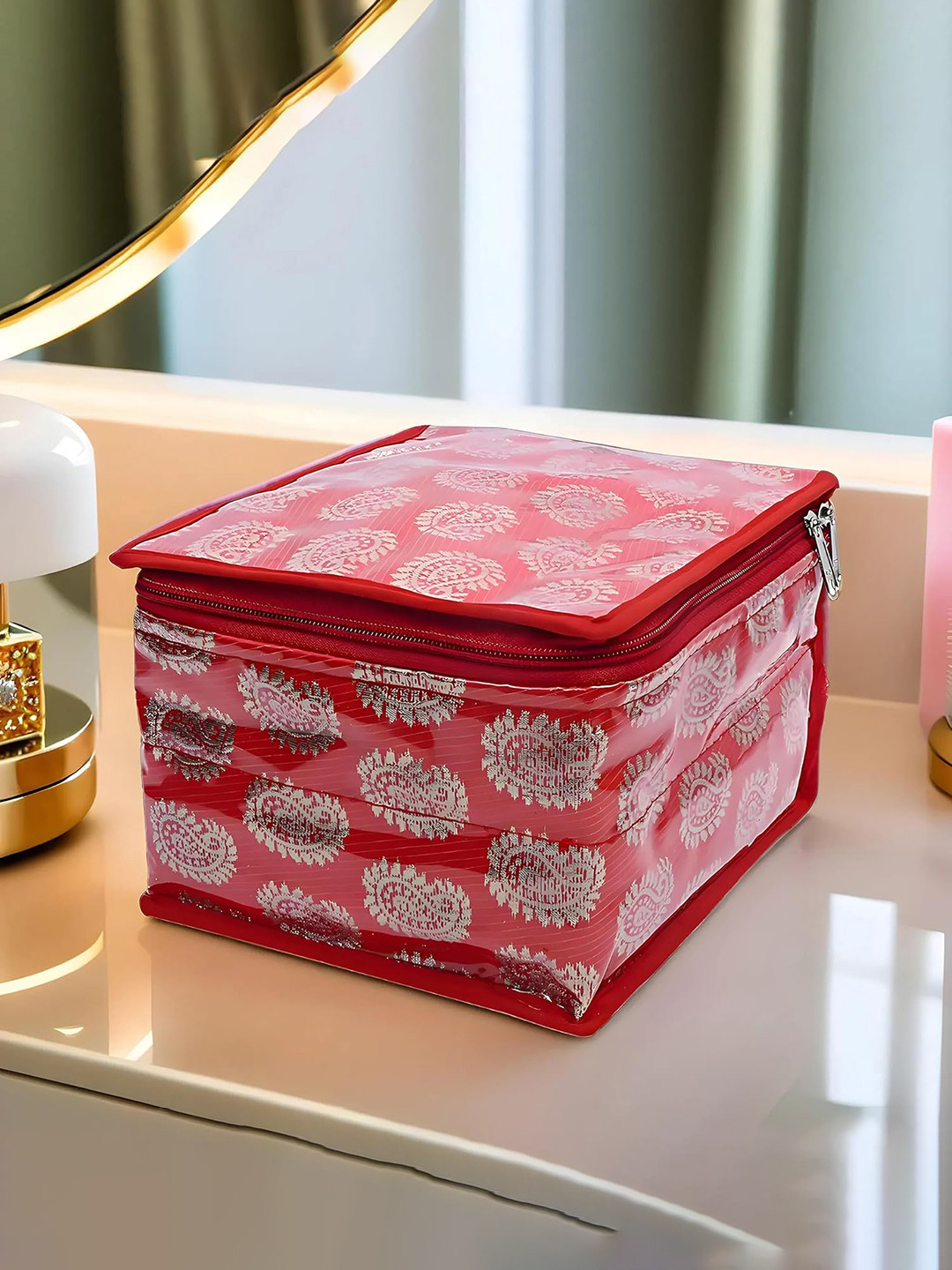 Kuber Industries Red Printed Brocade Jewellery Organiser with 10 Pieces Zipper Pouches