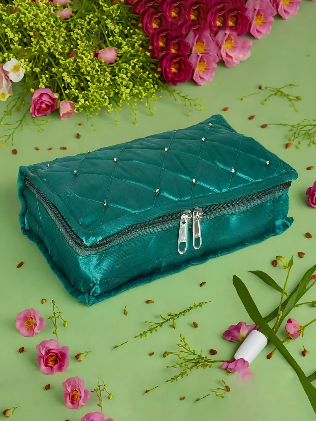Kuber Industries Green Cotton Quilted Jewellery Box Organiser With Pockets