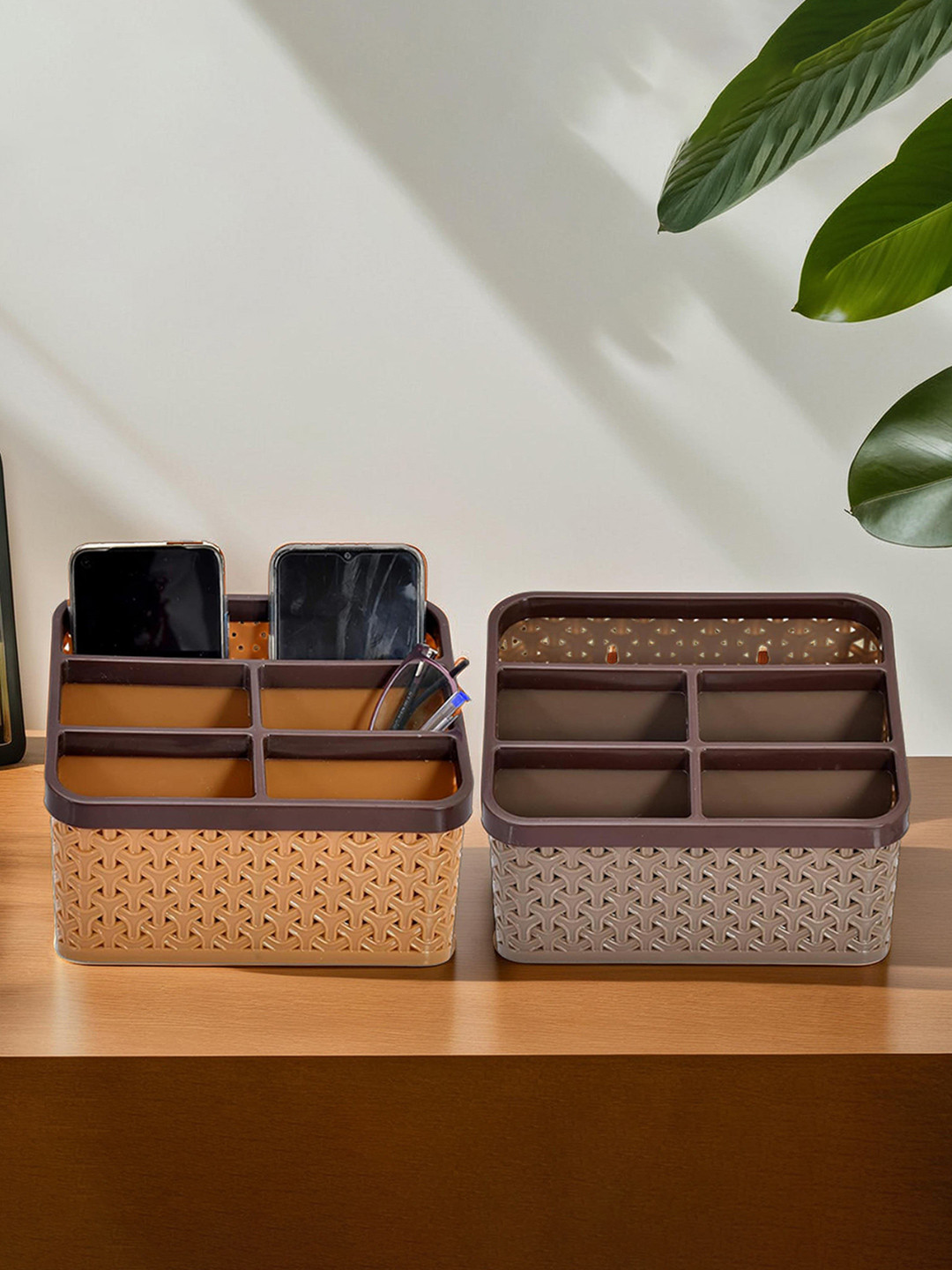 Kuber Industries Brown & Beige 2 Pieces Multi-Purpose Stationary Box Organisers