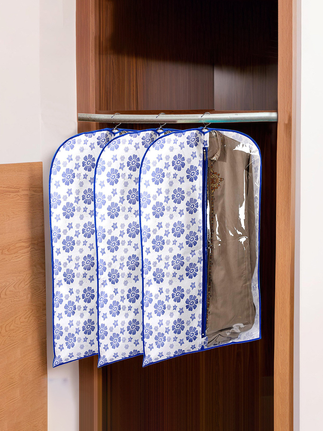 Kuber Industries Set Of 3 Flower Printed Half Transparent Non Woven Blazer Cover