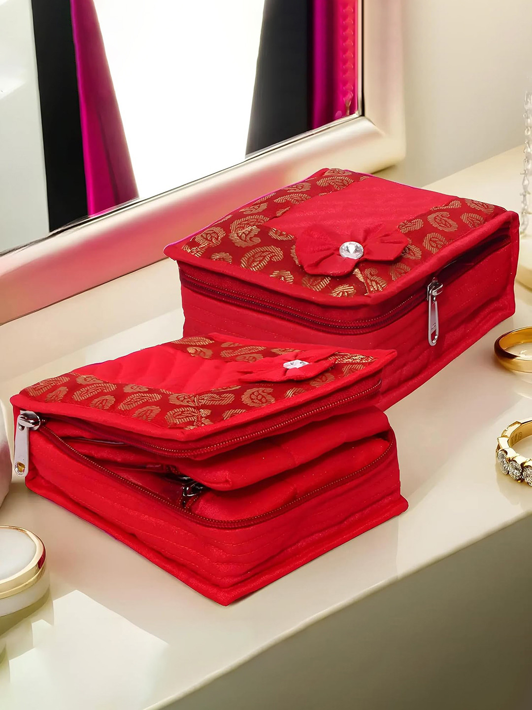 Kuber Industries Red 2 Pieces Portable Jewellery Organizer With 4 Tranasparent Pockets