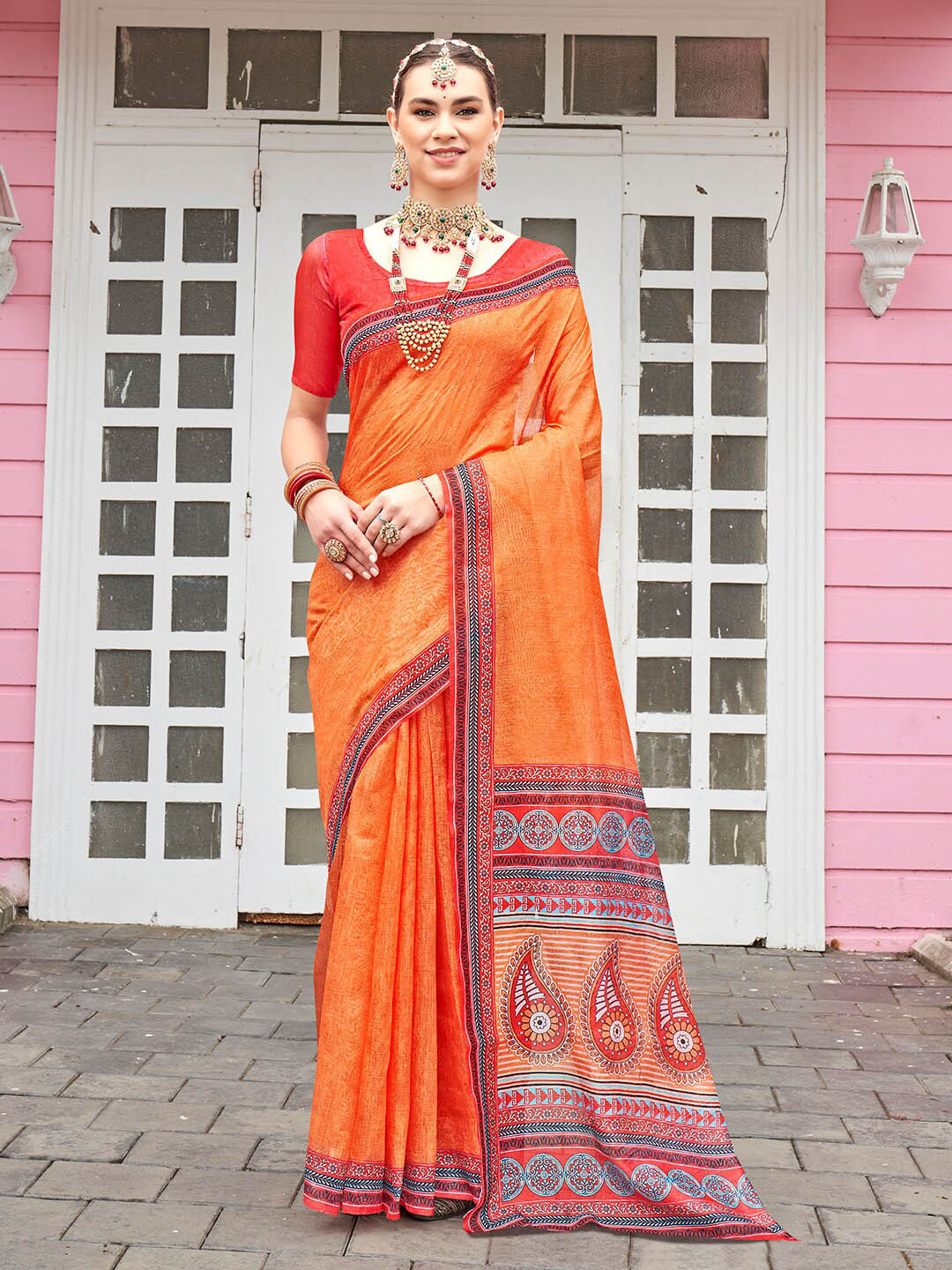 Anouk Rustic Orange Paisley Printed Saree