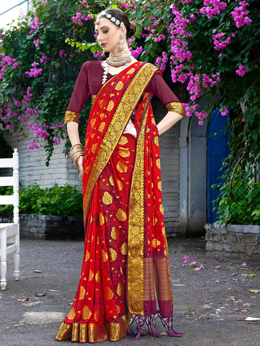 Anouk Rustic  Ethnic Motifs Zari Border Nylon Silk Tie and Die Saree