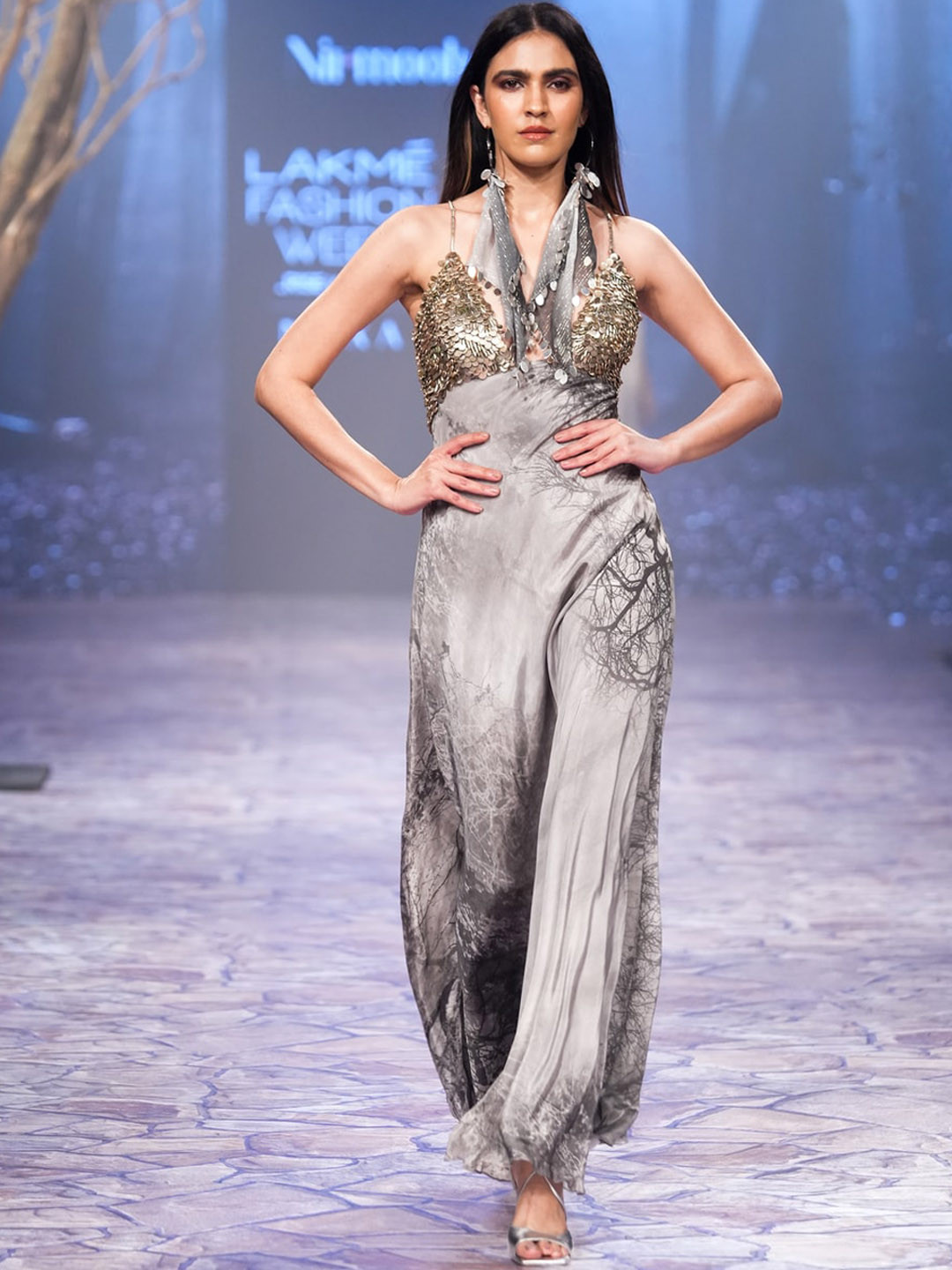 NIRMOOHA Abstract Printed Sequined Halter Neck A-Line Maxi Dress