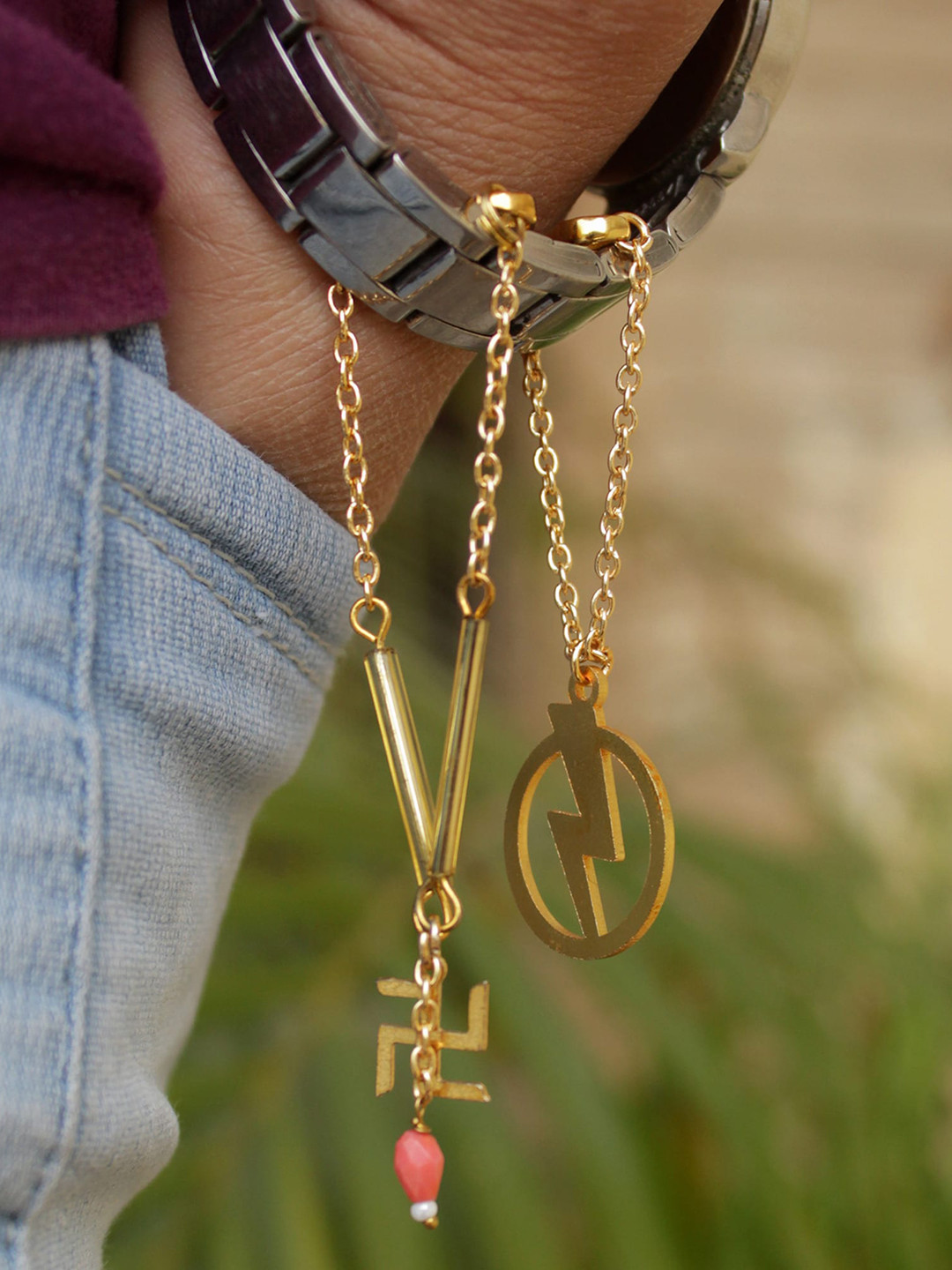 BeAbhika Set Of 2 Stainless Steel Swastik And Lightening Watch Charms