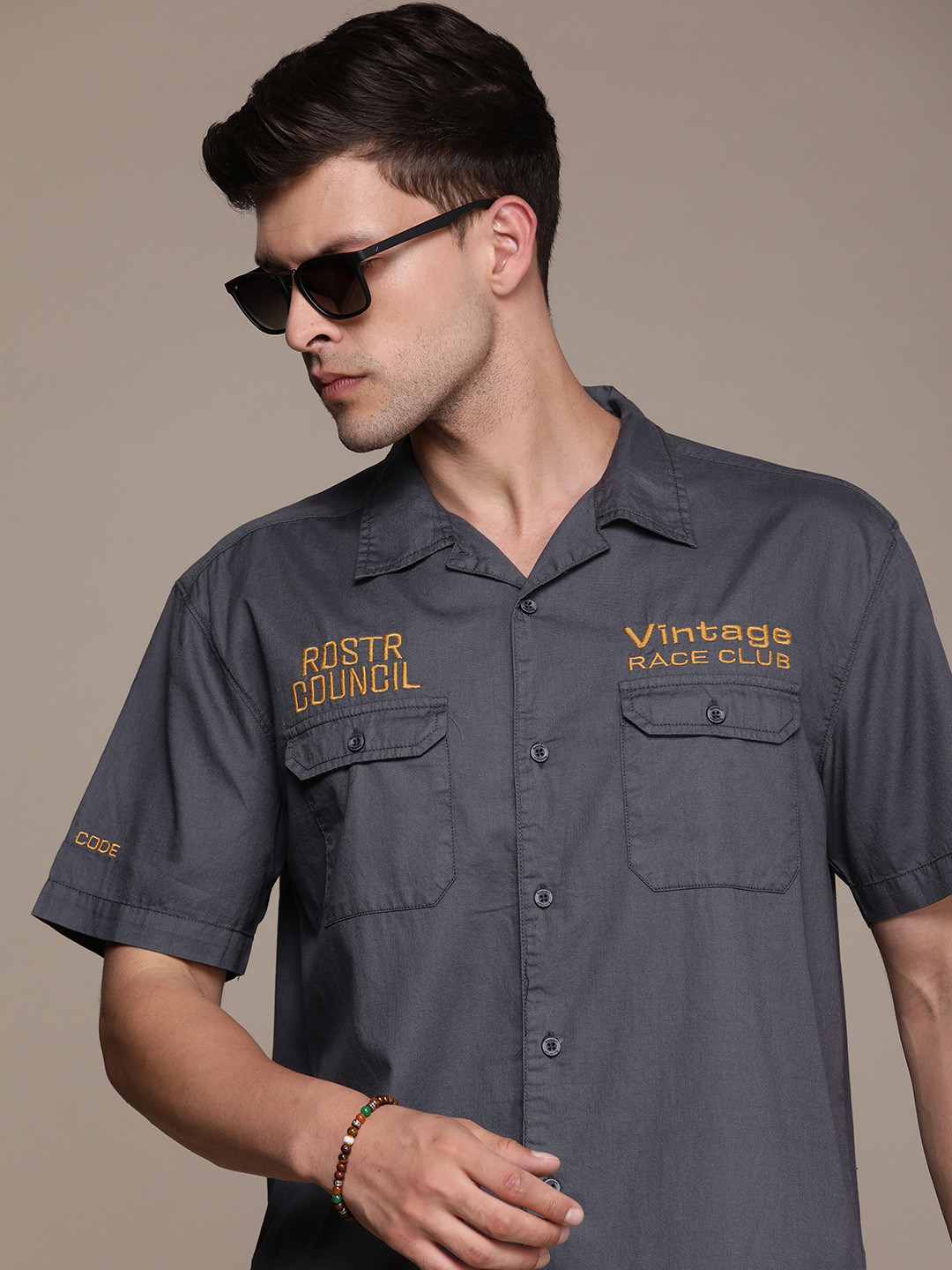Roadster Men Embroidered Relaxed Cuban Collar Pure Cotton Casual Shirt