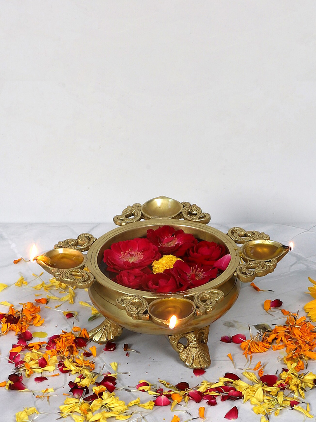 Two Moustaches Gold-Toned Brass Urli With 4 Diyas