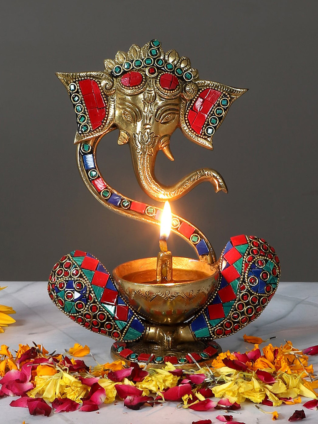 Two Moustaches Gemstone Work Brass Blessing Ganesha With Diya On Lap