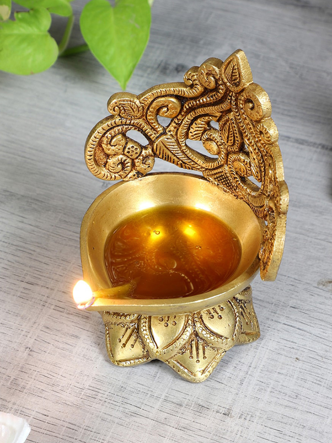 Two Moustaches Gold-Toned Floral Carving Design Brass Diya