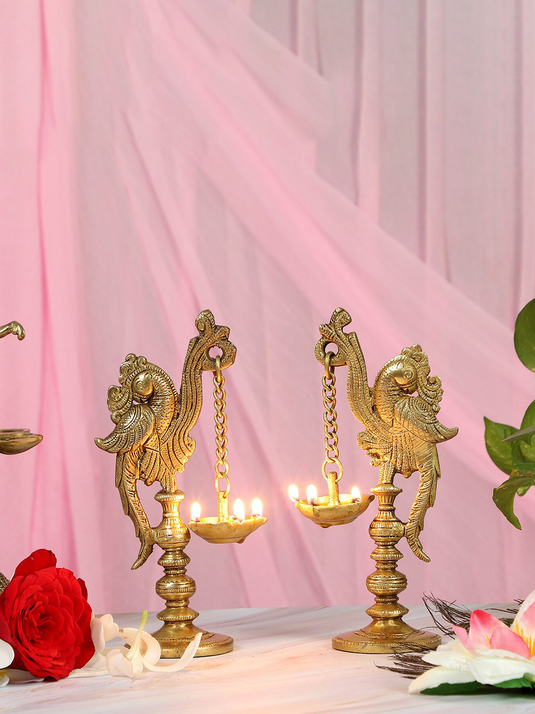 Two Moustaches Peacock on Pillar Design Brass Diya Pair