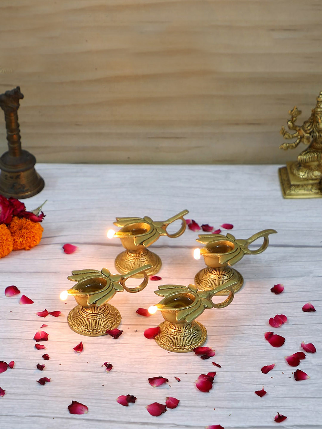 Two Moustaches Gold-Toned Brass Lotus Diyas With Handle