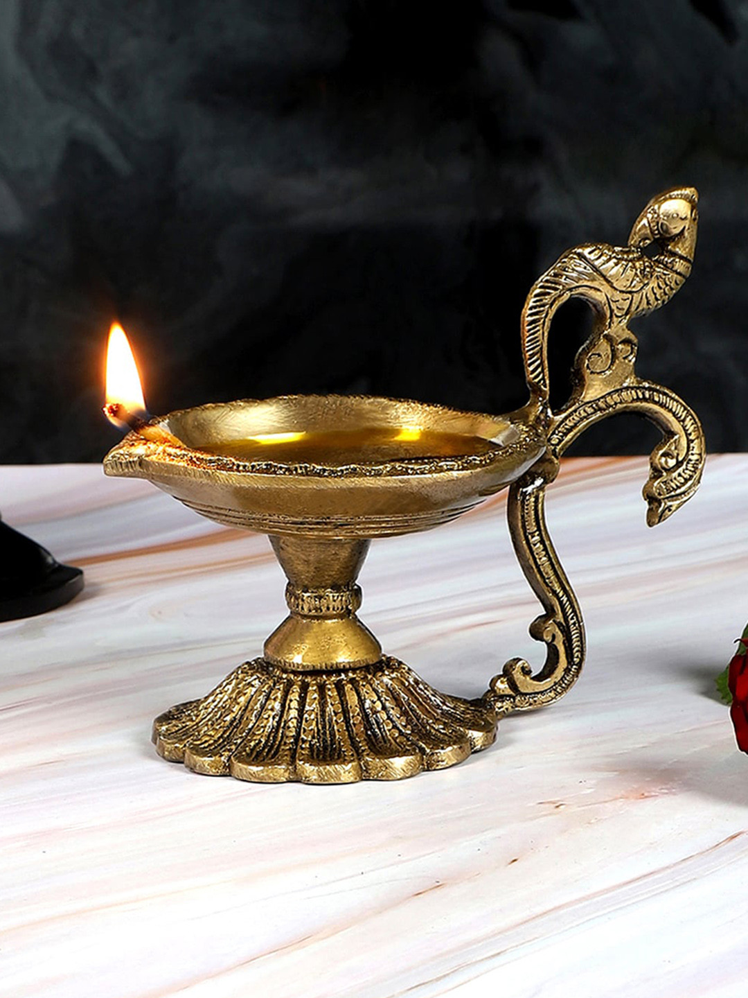 Two Moustaches Gold Toned Ethnic Curved Peacock Handle Design Brass Diya