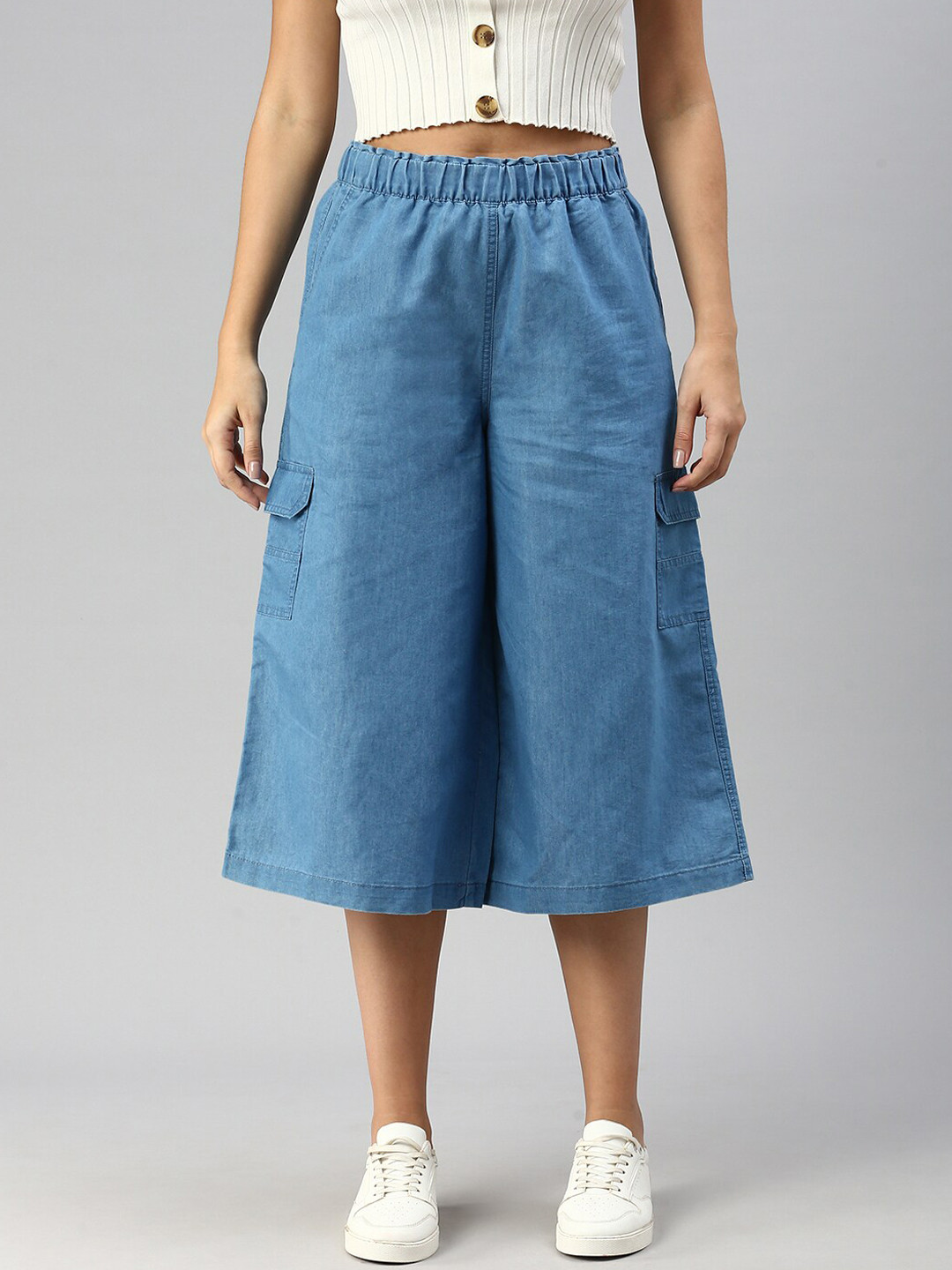 De Moza Women Relaxed Loose Fit High-Rise Cotton Culottes Trousers