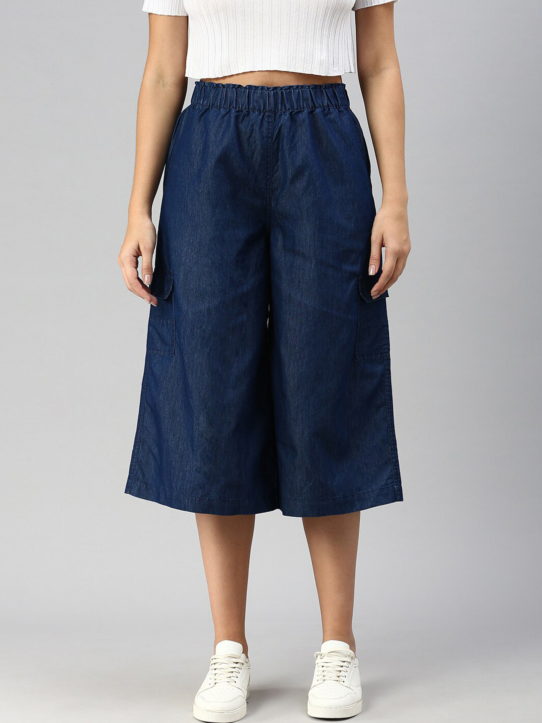 De Moza Women Relaxed Loose Fit High-Rise Cotton Culottes Trousers