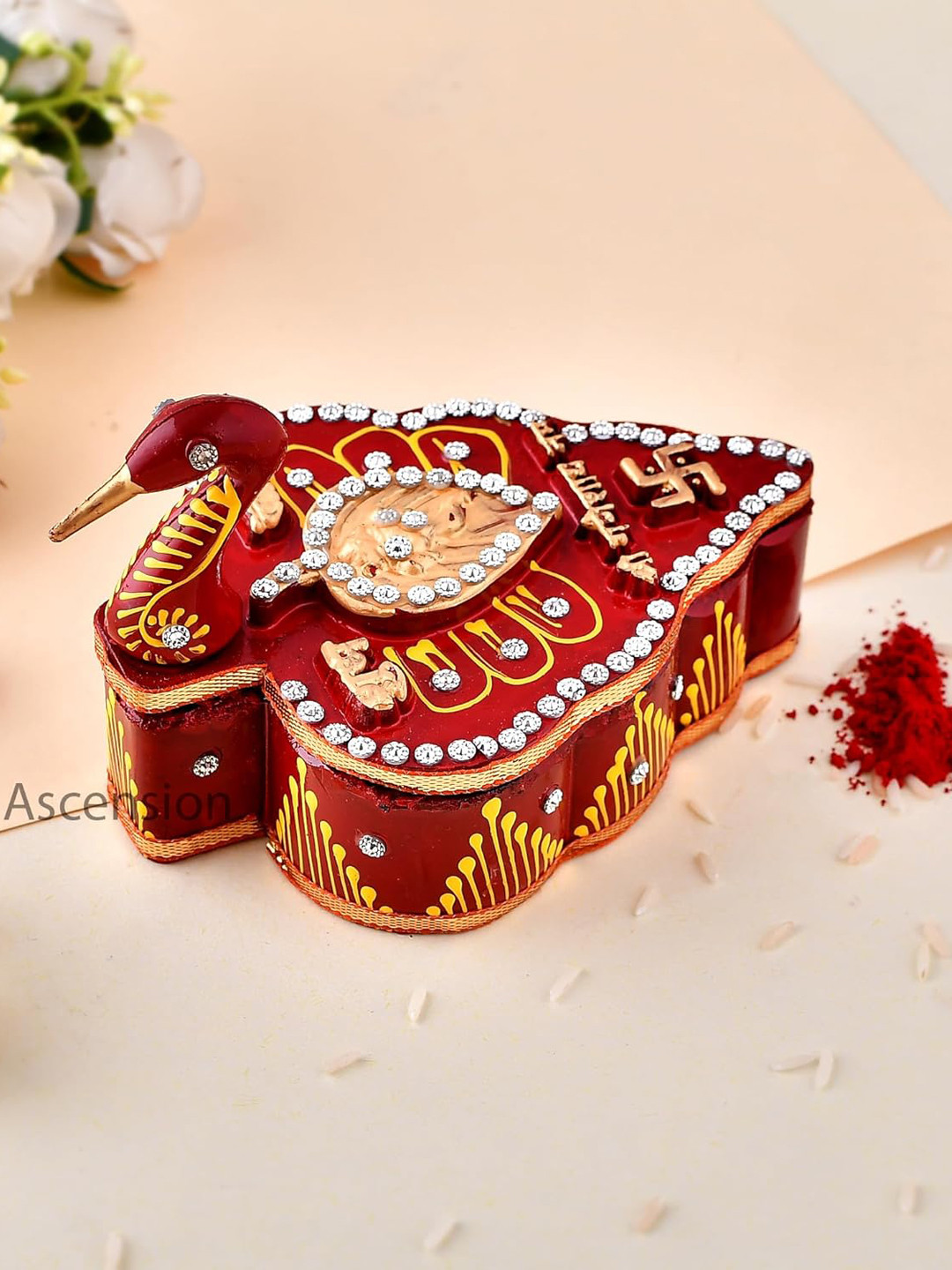 Ascension Red & Gold Toned Wooden Peacock Shape Haldi Kumkum Box