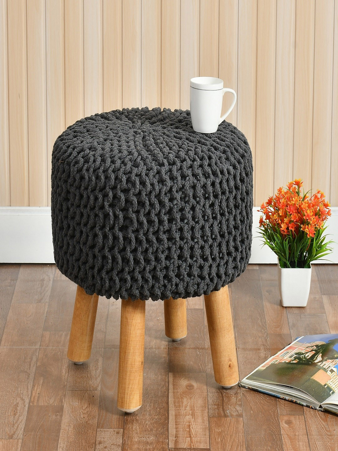 Shadowkart Black Textured Knitted Cotton Round Ottoman