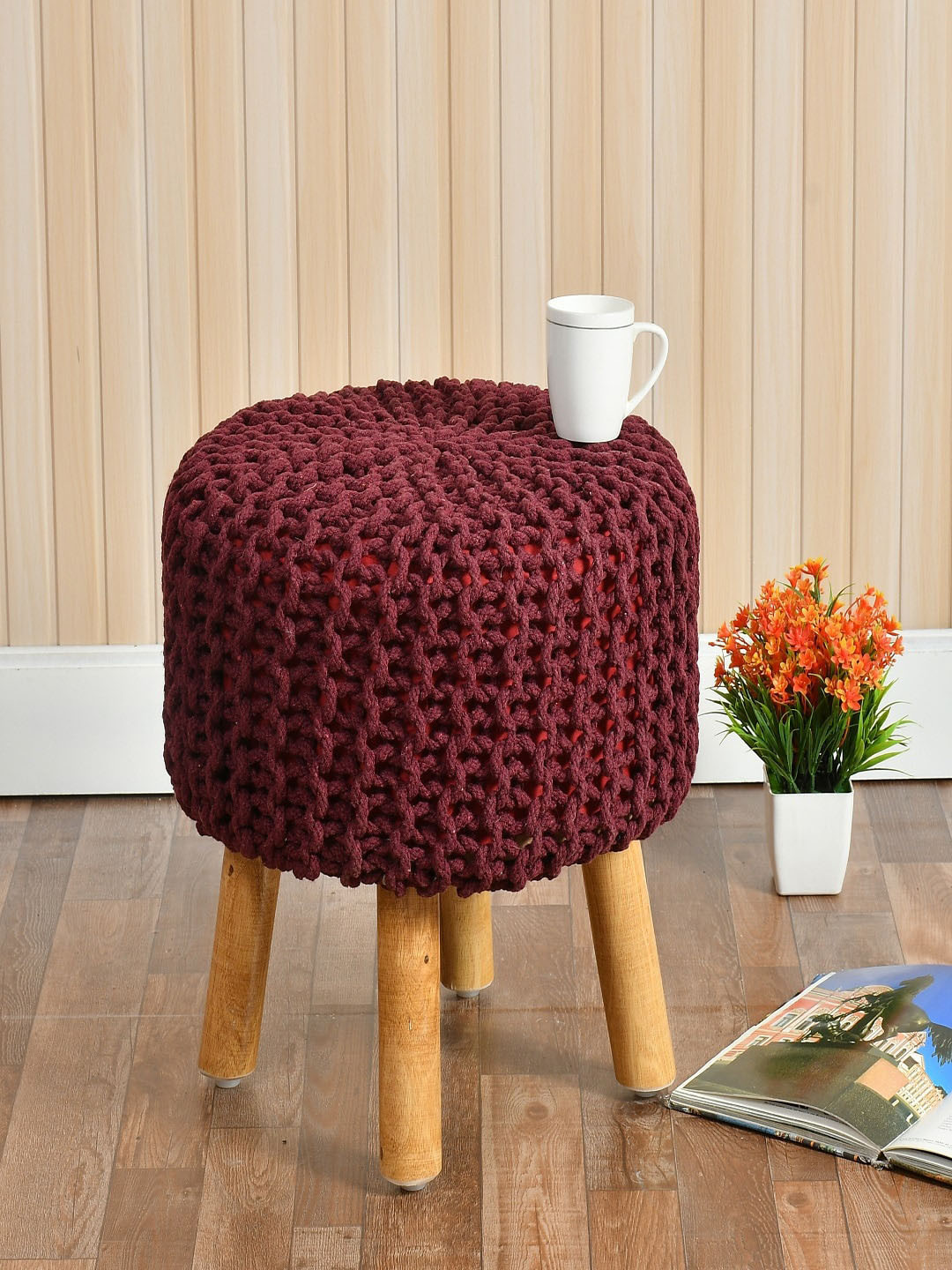 Shadowkart Beige & Maroon Textured Knitted Wood Round Ottoman