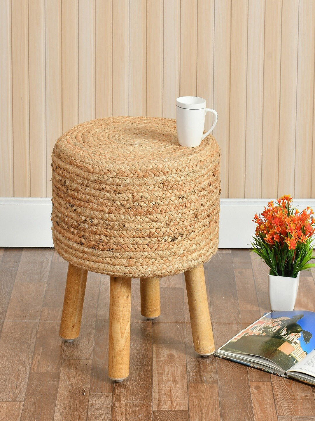 Shadowkart Beige Textured Jute Round Ottoman