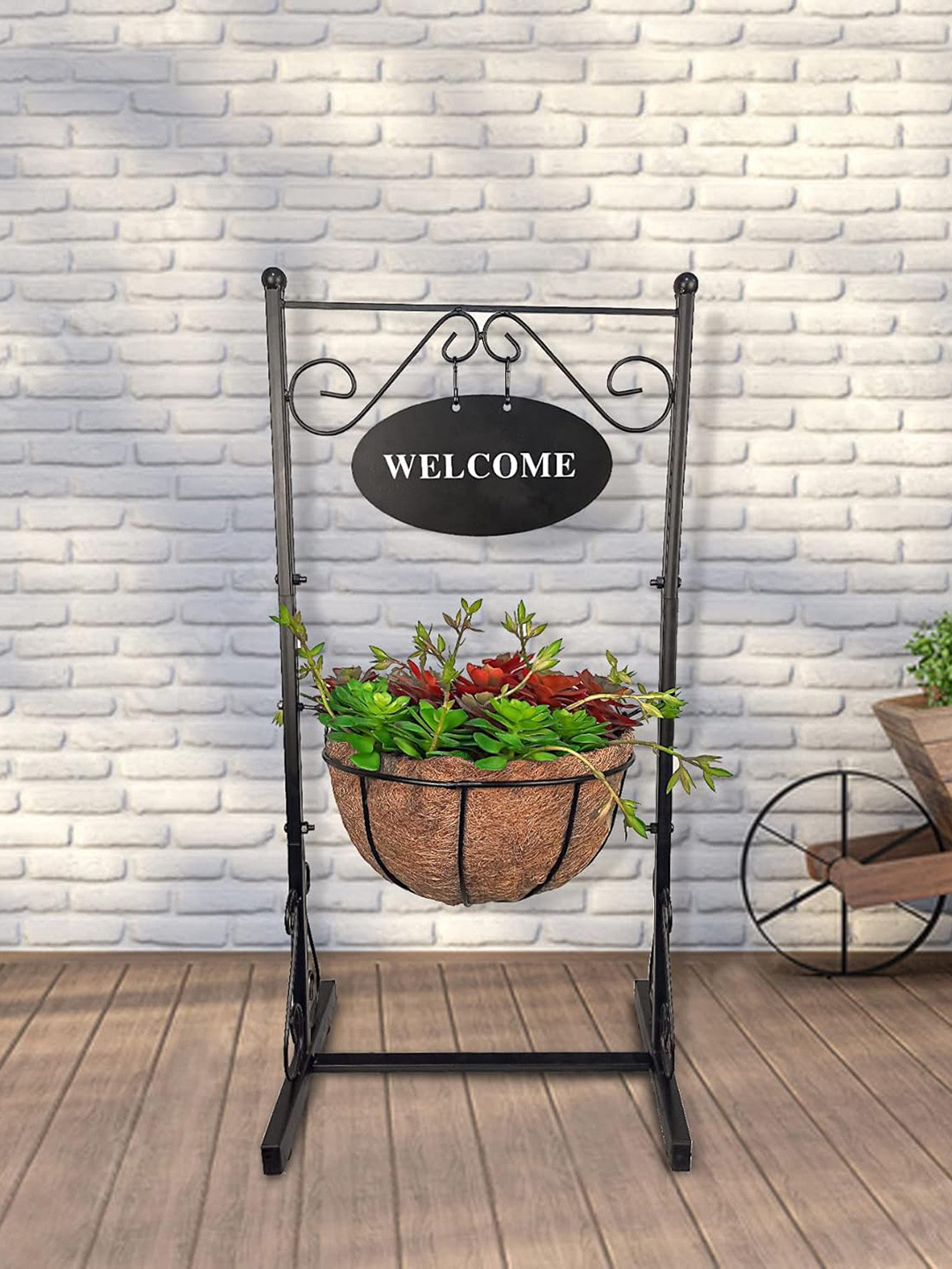 Garden Deco Black & Brown Textured Metal Planter With Holder