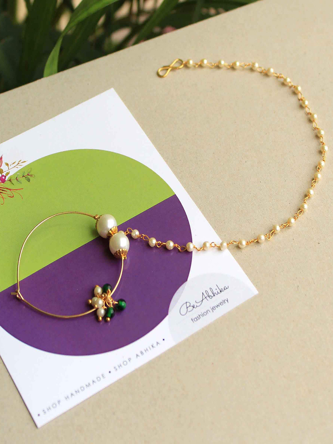 BeAbhika Beaded Nose Ring With Hair Chain