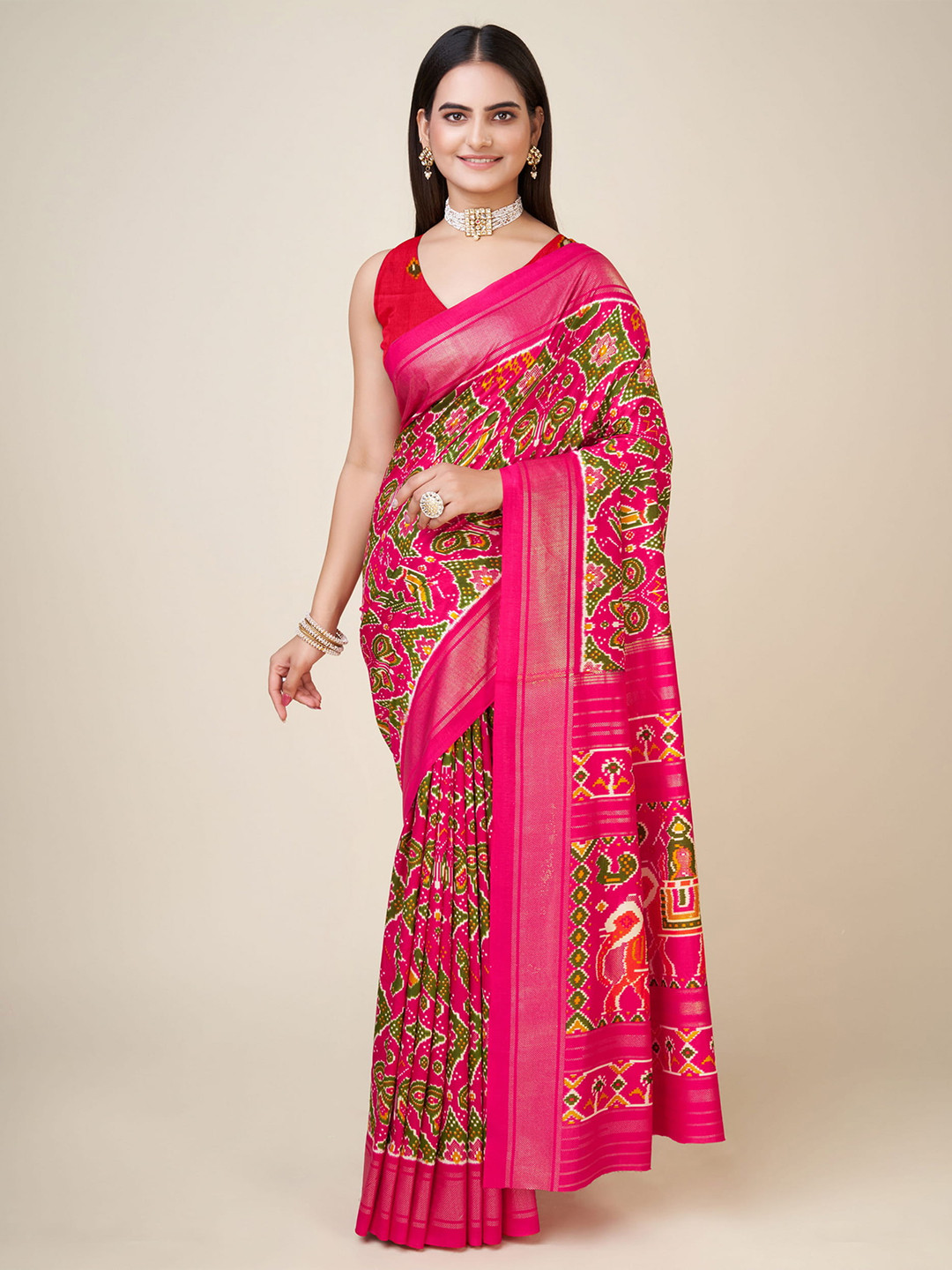 RAJ DHARMA SILK Ethnic Motifs Printed Zari Patola Saree