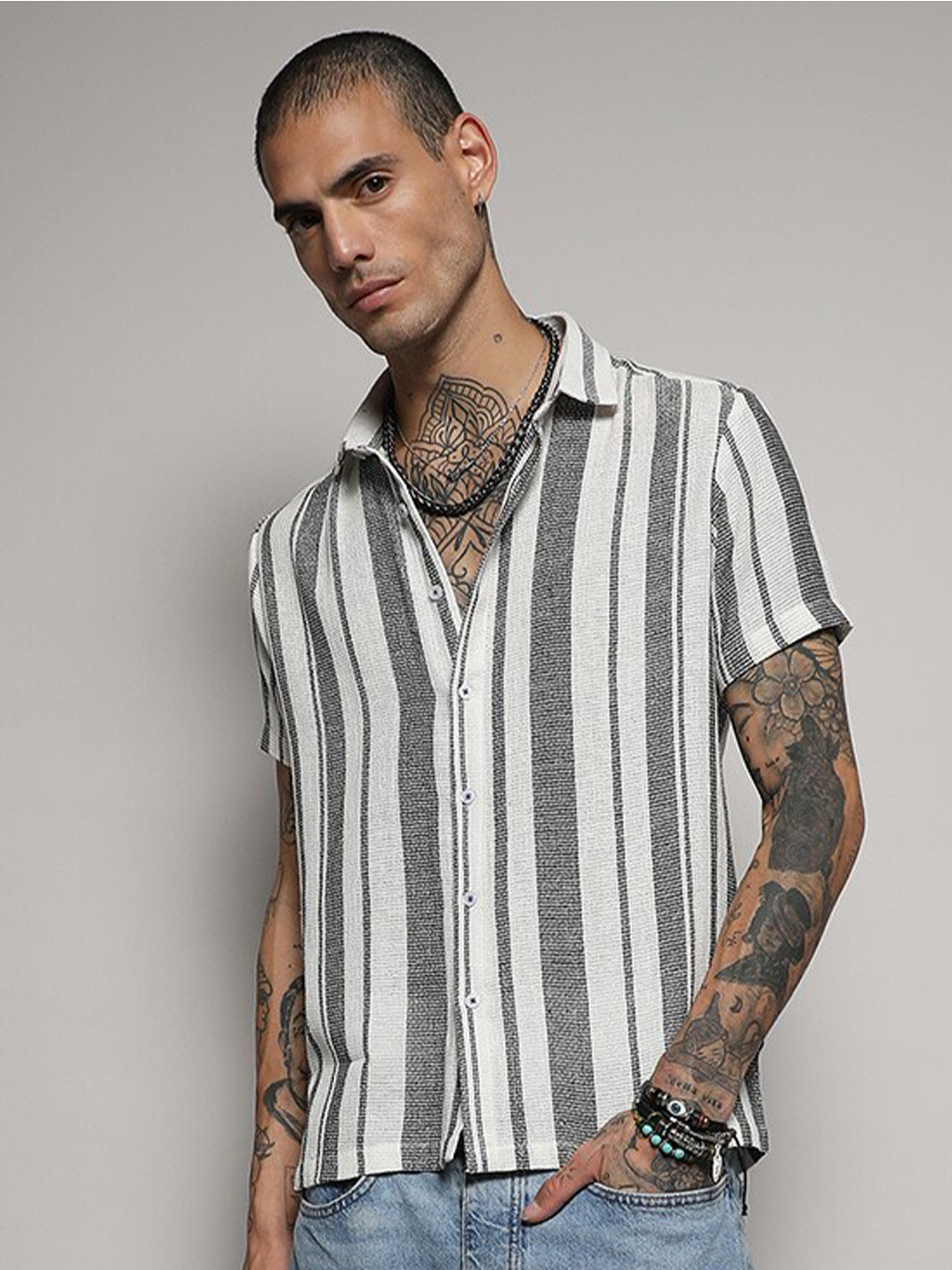 Campus Sutra Unbalanced Striped Woven Shirt