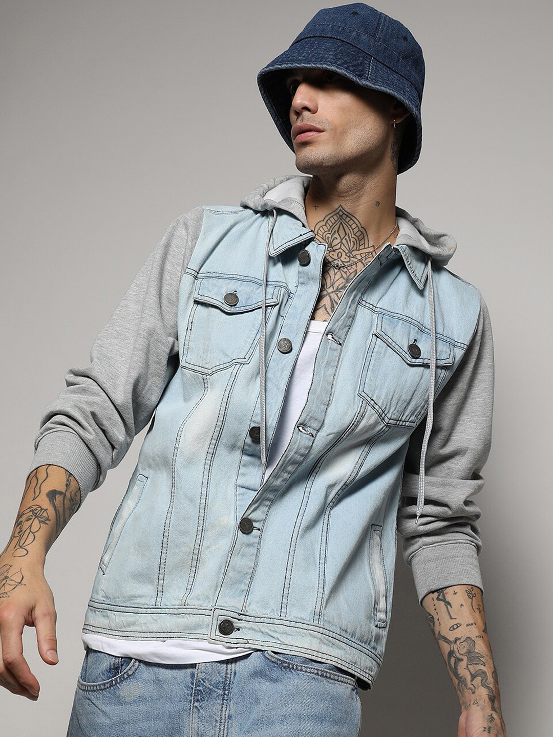 Campus Sutra Blue Washed Hooded Windcheater Denim